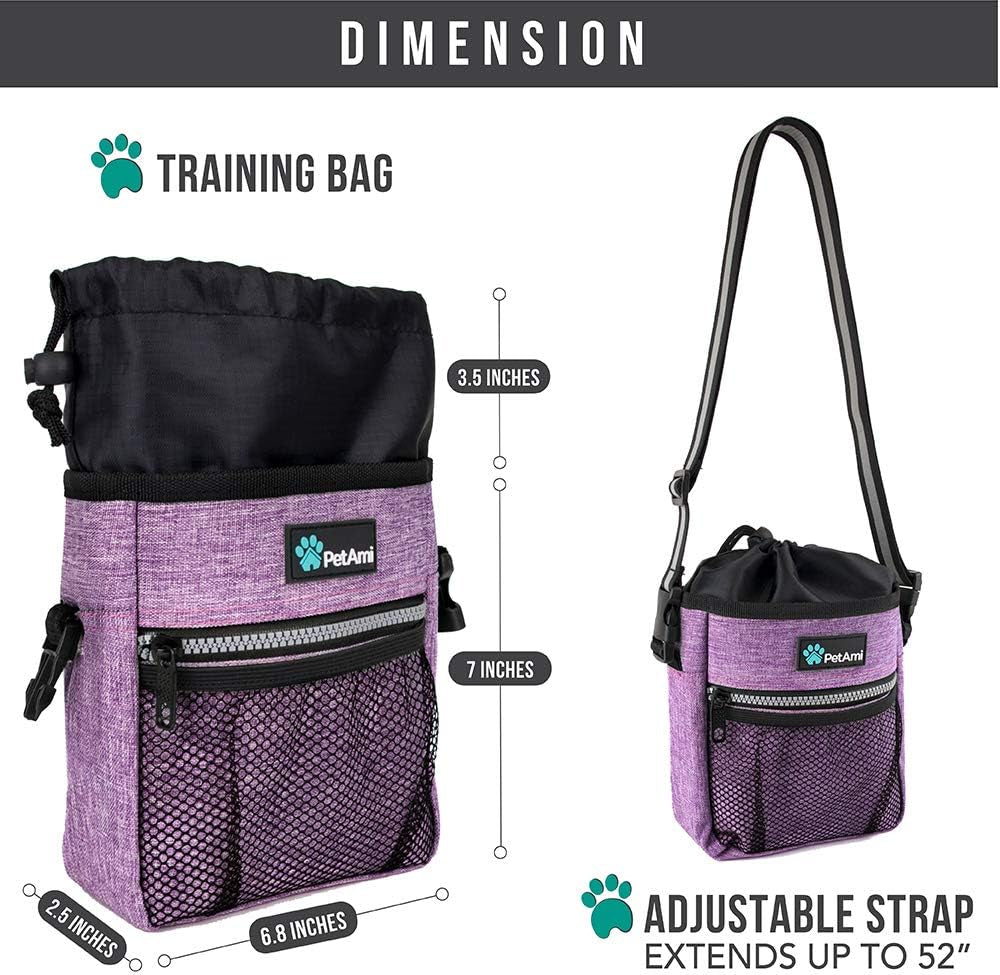 Dog/Pet Training Pouch, Shoulder/Waist Strap and Built-In Poop Bag Dispenser | Collapsible Food/Water Bowl Included
