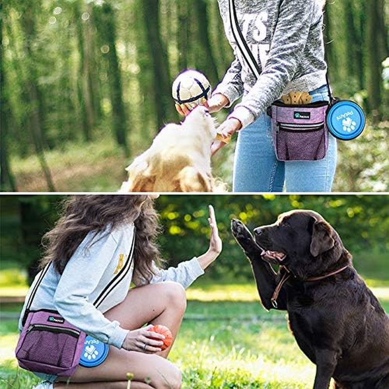 Dog/Pet Training Pouch, Shoulder/Waist Strap and Built-In Poop Bag Dispenser | Collapsible Food/Water Bowl Included