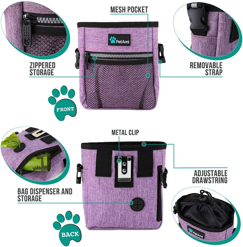 Dog/Pet Training Pouch, Shoulder/Waist Strap and Built-In Poop Bag Dispenser | Collapsible Food/Water Bowl Included