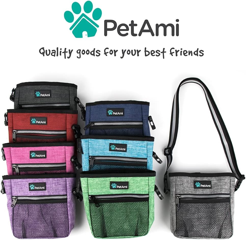 Dog/Pet Training Pouch, Shoulder/Waist Strap and Built-In Poop Bag Dispenser | Collapsible Food/Water Bowl Included