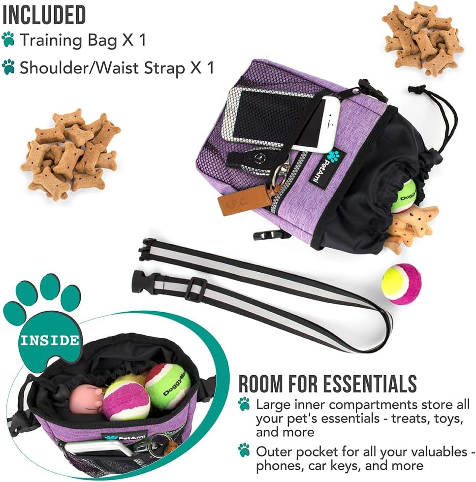Dog/Pet Training Pouch, Shoulder/Waist Strap and Built-In Poop Bag Dispenser | Collapsible Food/Water Bowl Included