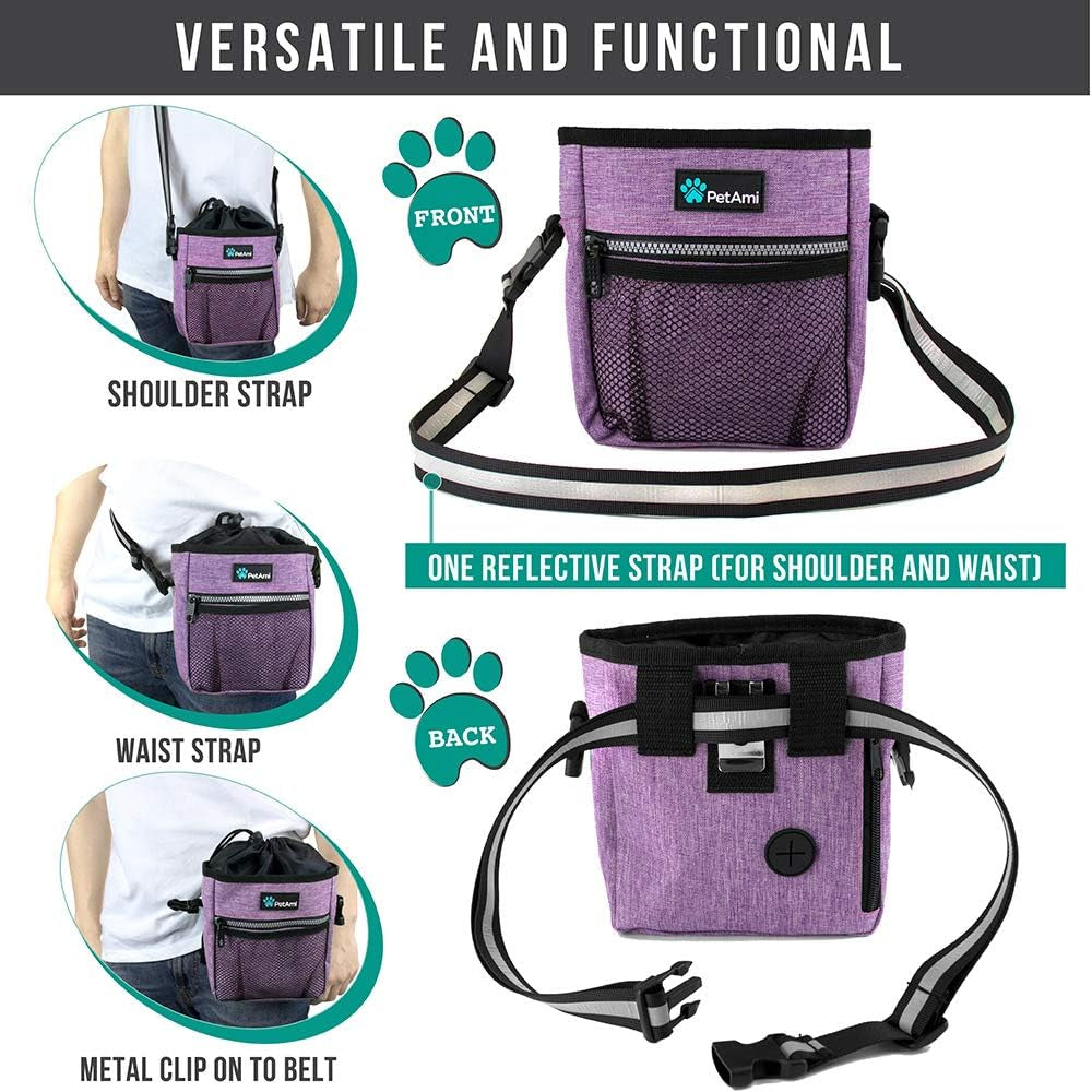 Dog/Pet Training Pouch, Shoulder/Waist Strap and Built-In Poop Bag Dispenser | Collapsible Food/Water Bowl Included